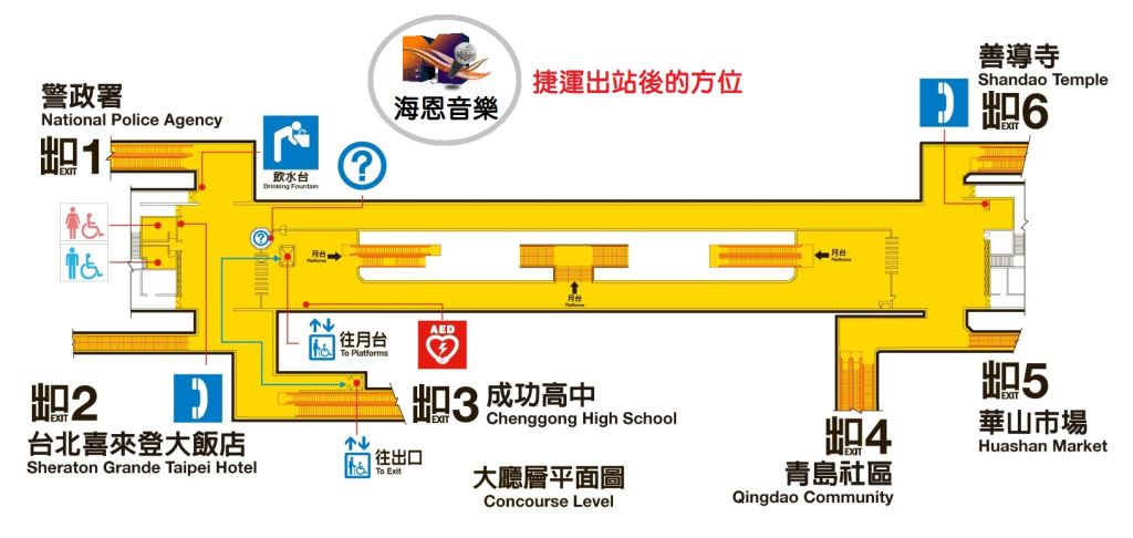 海恩音樂善導寺捷運站出站後的方位